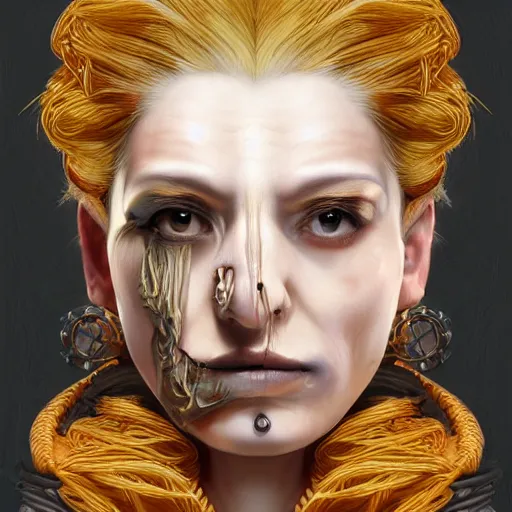 Image similar to portrait of a Shibari rope wrapped face and neck, headshot, insanely nice professional hair style, dramatic hair color, digital painting, of a old 17th century, old cyborg merchant, amber jewels, baroque, ornate clothing, scifi, realistic, hyperdetailed, chiaroscuro, concept art, art by Franz Hals and Jon Foster and Ayami Kojima and Amano and Karol Bak,