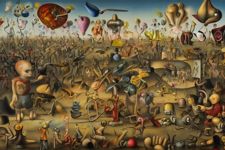 Image similar to a strange battle in an old hospital between old people and babies Robert Williams Yves Tanguy Mark Ryden and Alex Gross, Todd Schorr highly detailed balanced composition golden ratio masterpiece