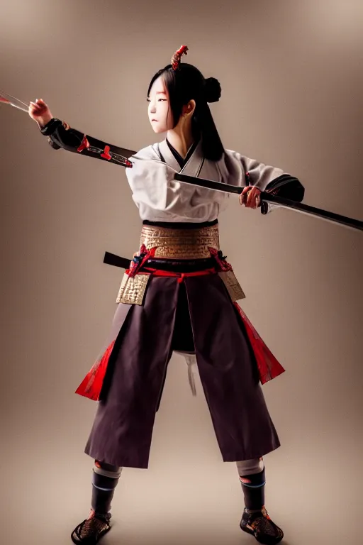 Image similar to highly detailed beautiful photo of a young female samurai, practising sword stances, symmetrical face, beautiful eyes, realistic anime art style, 8 k, award winning photo, pastels, action photography, 1 / 1 2 5 shutter speed, dramatic lighting