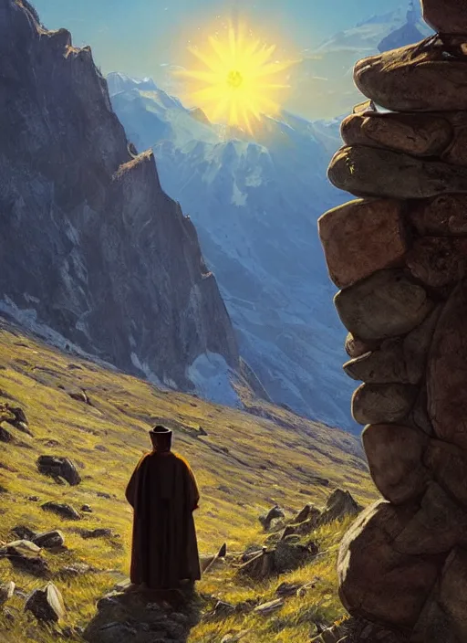 Prompt: an incan priest doing a solstice celebration at the top of a mountain, praying at the sun, art by greg rutkowski