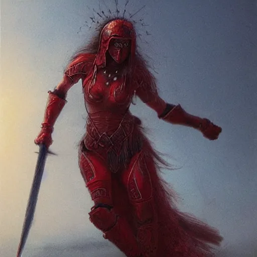 Image similar to Warrior princess with red armor in the style of Zdzislaw Beksinski