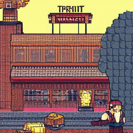 Image similar to portrait of a lazy miner, train station background, high detail, 8 - bit pixel art, cute, by studio ghibli