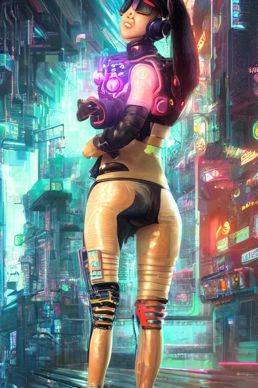 Image similar to a full body illustration of an asian female cyberpunk character wearing VR goggle implants, symmetrical detailed legs, oil on canvas, soft lighting, neon pastel colors, by WLOP and Greg Staples, HD, 4K