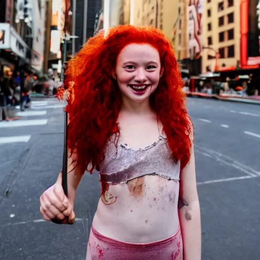 Image similar to a girl with a giant smile:: red hair:: freckles:: septum jewelry:: fair skin:: tattered ballet clothes:: she is holding a large sword:: standing in a busy street:: in New York city:: wide angle:: tilt shift lens:: full body:: long shot:: volumetric lighting:: cinematic:: 8K:: octane render:: trending on artstation:: hyper realistic:: photo realistic:: extreme detail::