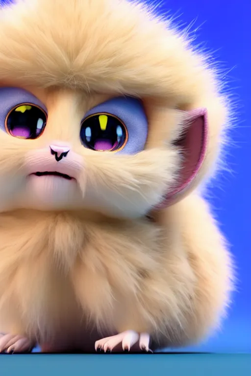 Image similar to high quality 3 d render hyperrealist very cute multipastel fluffy! one - eye cat tarsier hybrid with detailed fluffy wings!!, vray smooth, in the style of detective pikachu, hannah yata charlie immer, dramatic blue light, low angle, uhd 8 k, sharp focus