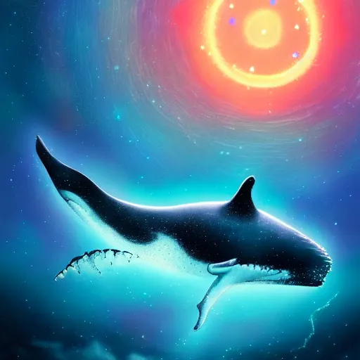 Image similar to portrait of whale swimming on a night sky, swimming across the universe, oniric, dreamy, beautiful, highly detailed, cinematic, trending on artstation