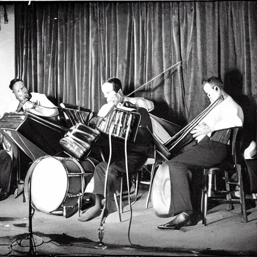 Image similar to jazz musicians playing in a dimly lit club, vintage photography, intricate details, 8k, black and white, 1930s, golden age