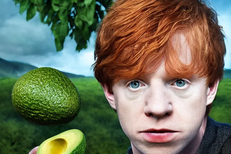 Prompt: an ultra realistic, cinematic, headshot portrait, of ron weasley kissing an avocado, fantasy, avocado, facial features, background of a vast serene landscape, with trees and rivers, detailed, deep focus, movie still, dramatic lighting, ray tracing, by michal karcz and yoshitaka amano