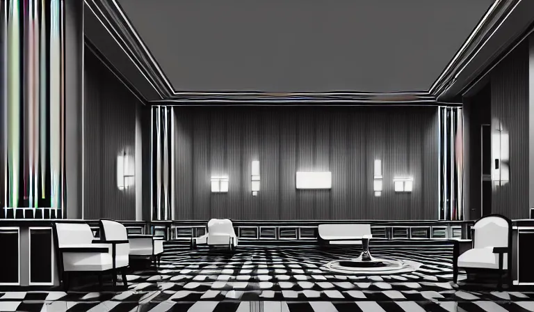 Prompt: a beautiful, sharp focus, clean lines. the interior of a 1 9 4 0 s art deco luxury hotel lobby. vaporwave ombre rendering. outrun style. trending on artstation. recommended for you behance. wes anderson colors. by chris moore. by edward hopper. ambient occlusion. digital matte painting. metropolis filmic. gotham city.