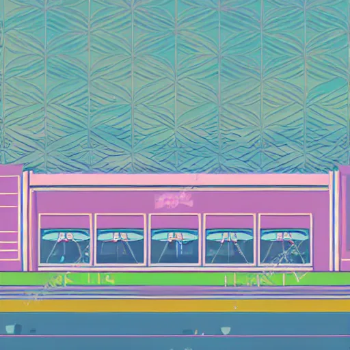 Prompt: art deco vaporwave illustration of a mall food court in pastel colors