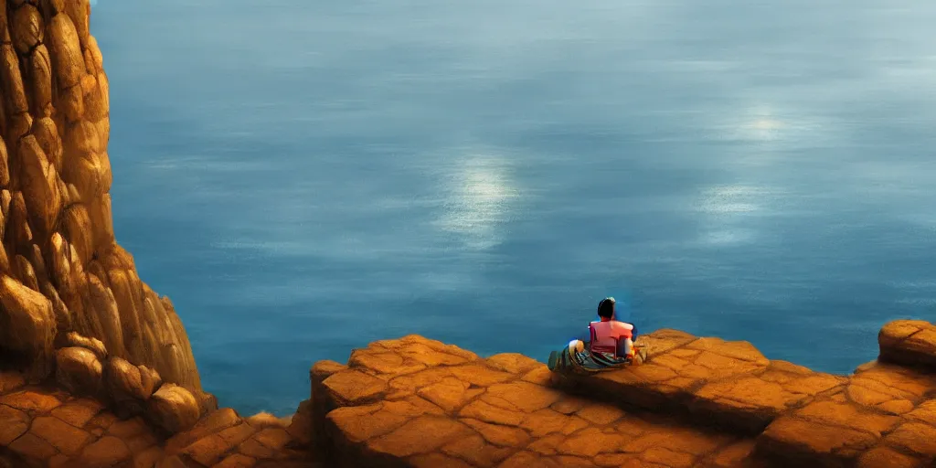 Prompt: A cliff with a narrow ledge looks out onto a vast ocean a monk sits on the ledge in the lotus position, cinematic lighting, detailed oil painting, hyperrealistic, 8k