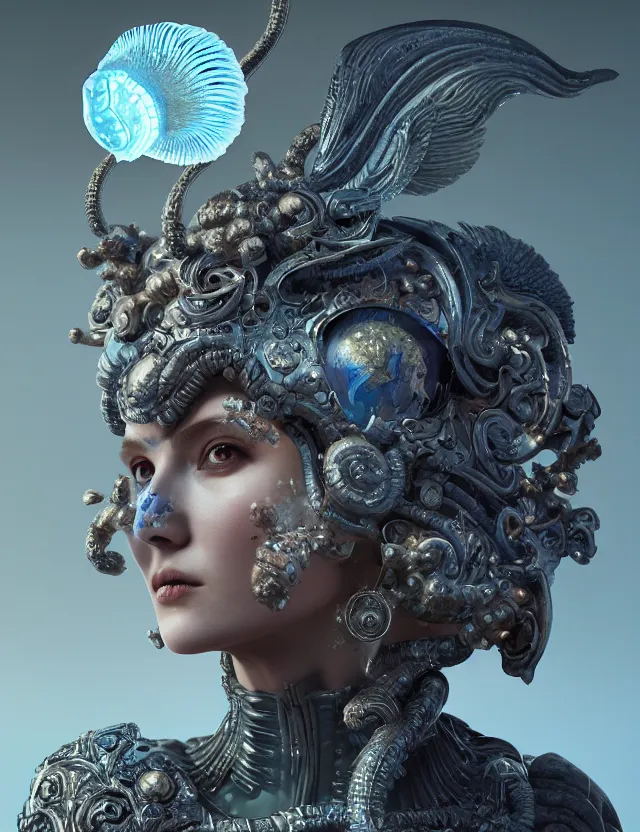 Image similar to 3 d goddess close - up profile portrait russian batman with ram skull. beautiful intricately detailed mask and weapon. betta fish, jellyfish phoenix, bio luminescent, plasma, ice, water, wind, creature, artwork by tooth wu and wlop and beeple and greg rutkowski