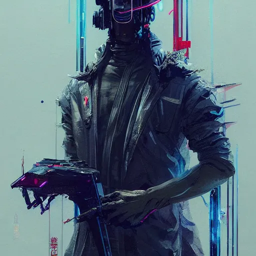 Image similar to a beautiful ukiyo painting of full body cyberpunk blade runner, dramatic pose, wearing japanese techwear, detailed symmetrical, intricate complexity, concept art, by ismail inceoglu dragan bibin hans thoma greg rutkowski alexandros pyromallis nekro rene maritte illustrated, perfect face, fine details, realistic shaded, fine - face, pretty face