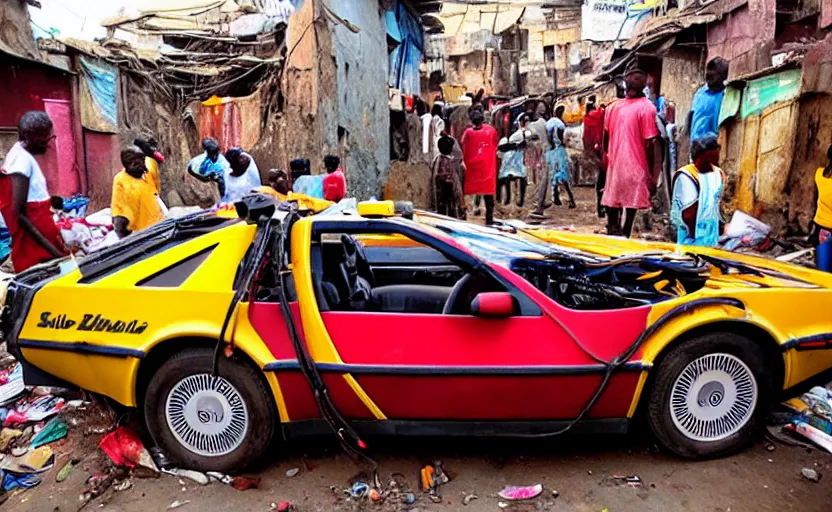 Image similar to a red and yellow delorean in ajegunle slums of lagos - nigeria, magazine collage, masterpiece,