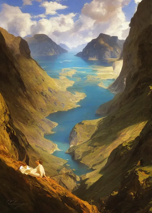 Prompt: fjord, a long, narrow, deep tropical inlet of the pacific sea between high cliffs, extremely detailed oil painting, sargent and leyendecker, savrasov levitan polenov, bruce pennington, tim hildebrandt, digital art, landscape painting, trending on artstation, masterpiece