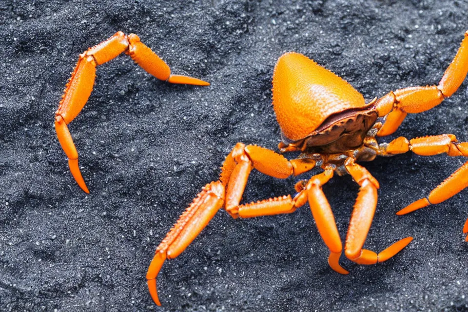 Prompt: scientific close-up of a slimy alien crab, nature photography, black sand, 4k, HD photography