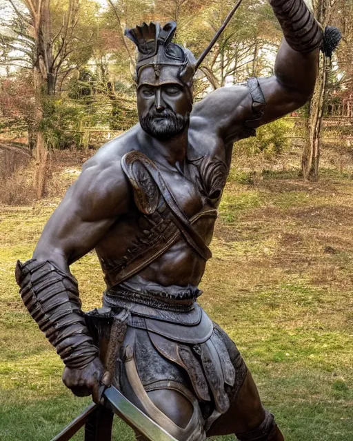 Image similar to a huge bronze statue of a spartanburg warrior holding his spear and shield, god of war, fantasy landscape, photorealistic, atmospheric