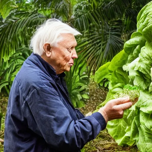 Prompt: David Attenborough looking at a piece of lettuce in the jungle, still, photograph, sharp focus