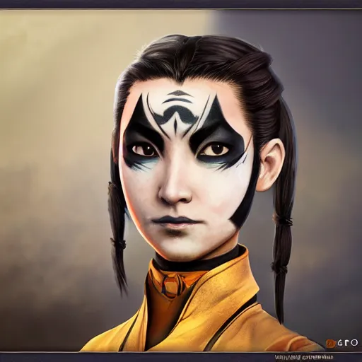 Image similar to portrait of Kyoshi Warrior from The Last Airbender in facepaint, digital art, highly detailed, concept art, intricate, sharp focus, Trending on Artstation HQ, unreal engine 5, 4K UHD image