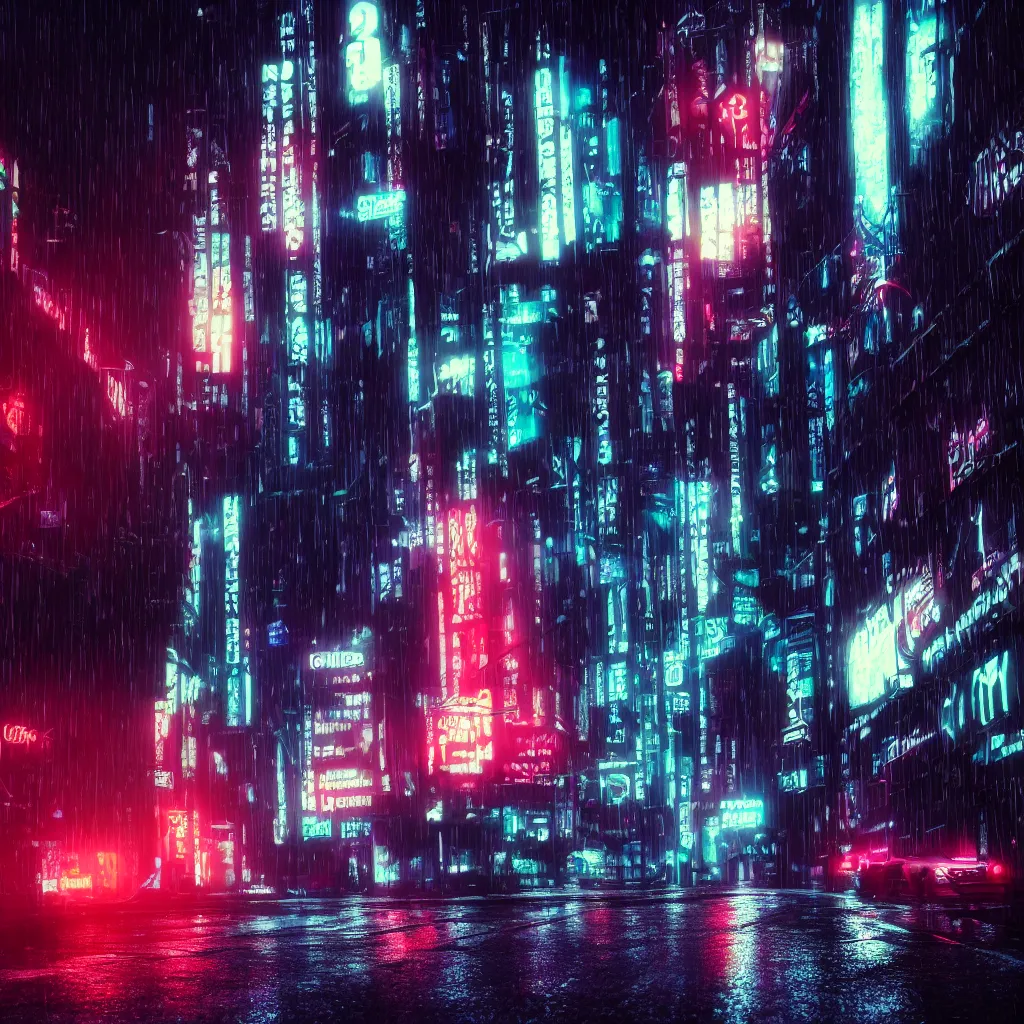 Image similar to dark city street in the rain, black cat, neon lights, cyberpunk, year 2 9 9 9, blade runner, octane render, 4 k