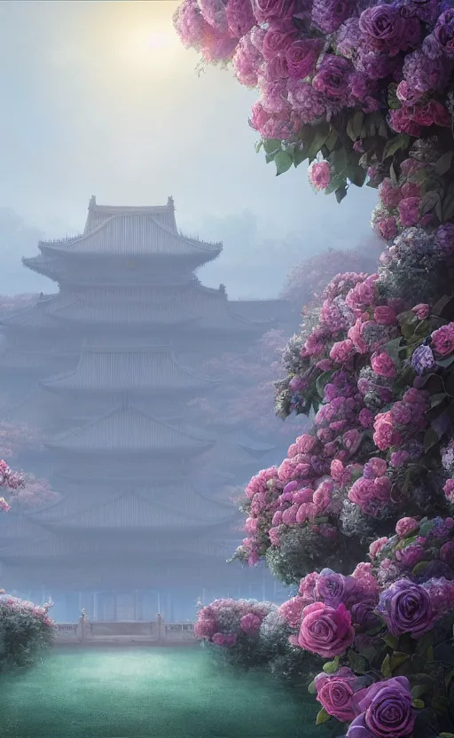 Image similar to vanishing point, palace covered with aqua blue roses like the forbidden city in distance at the red rose royal manor, viewed from afar, stephen bliss, misty, unreal engine, fantasy art by greg rutkowski, loish, ferdinand knab, and lois van rossdraws,, global illumination, radiant light, minimalist, detailed and intricate environment