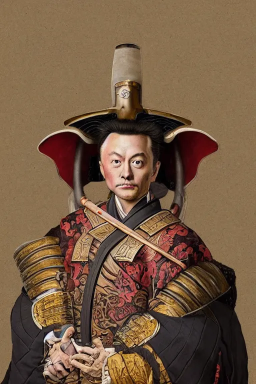 Image similar to Baroque painting of a Elon Musk as a samurai, inspired by Gustav Moreau and Wayne Barlowe, exquisite detail, hyper realism, ornate, exquisite detail, cute face