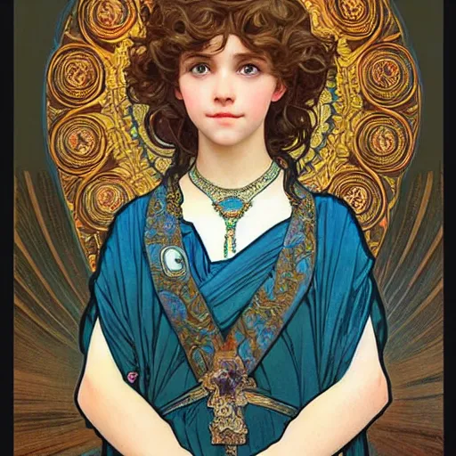 Prompt: a little girl with short wavy curly light brown hair and blue eyes, a space empress in byzantine style. beautiful highly detailed face, painting by ilya kuvshinov and alphonse mucha