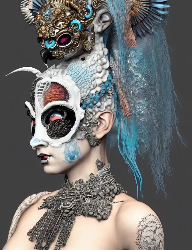 Image similar to 3 d goddess close - up profile portrait punk with mohawk in victorian style with ram skull. beautiful intricately detailed japanese crow kitsune mask and clasical japanese kimono. betta fish, jellyfish phoenix, bio luminescent, plasma, ice, water, wind, creature, artwork by tooth wu and wlop and beeple and greg rutkowski