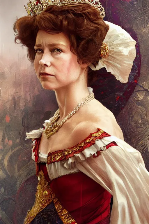 Prompt: Queen Elizabeth 2 sucks the soul and youth of a young girl, highly detailed, digital painting, artstation, concept art, smooth, sharp focus, illustration, art by artgerm and greg rutkowski and alphonse mucha