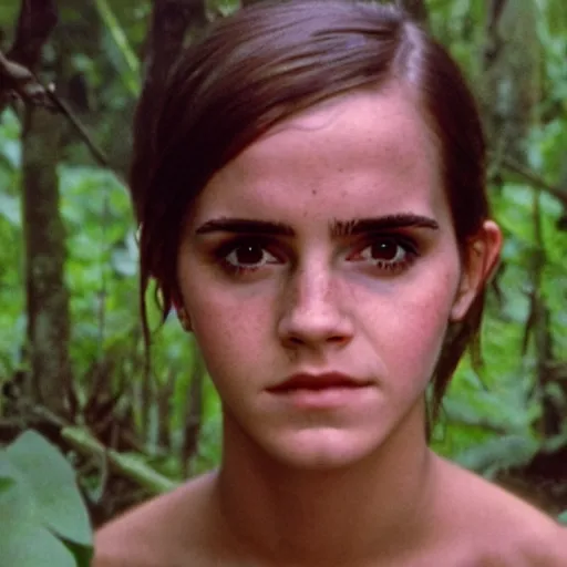 Image similar to film still, portrait, emma watson soldier hiking through dense vietnam jungle, award winning, award winning, award winning, film still from apocalypse now ( 1 9 7 9 ), 2 6 mm, kodak ektachrome, blue tint ektachrome film,