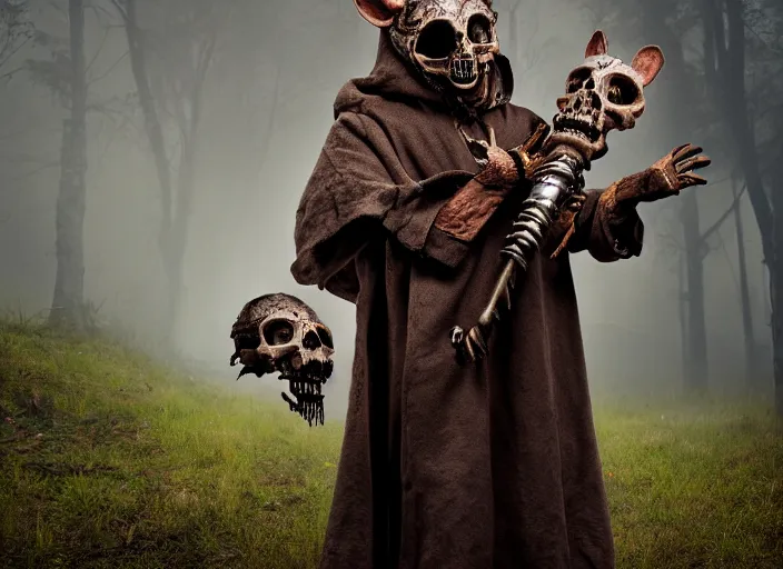 Prompt: character and environment photography, portrait of a druid sorcerer wearing a rat mask and skull mask, biomechanical tattered hood and robe, infested bear standing, medium shot, wide angle, 2 0 0 px, low key