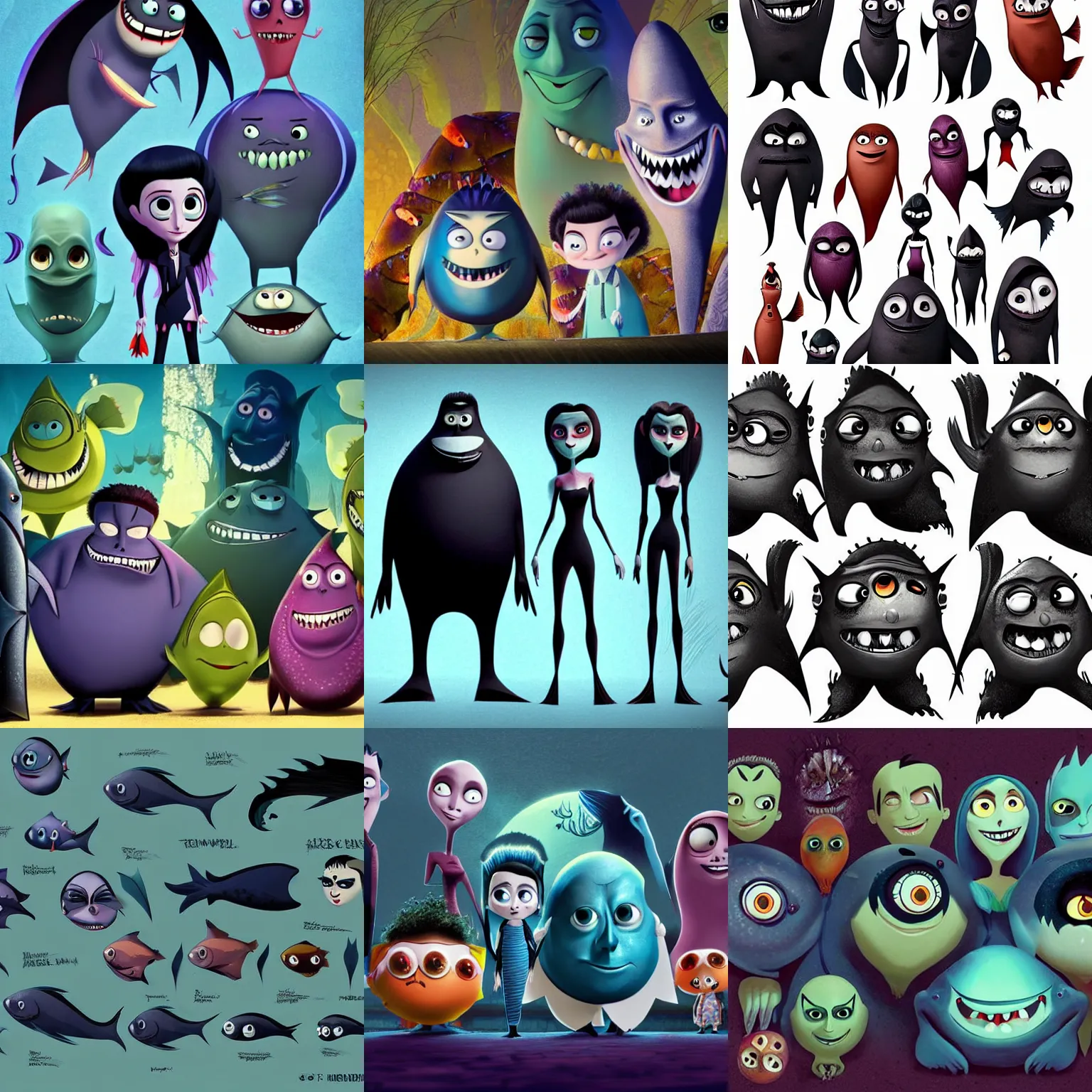 Prompt: deep sea gothic vampiric fish character designs for main characters of different shapes and sizes by Genndy Tartakovsky for a new hotel transylvania film set in the monster world