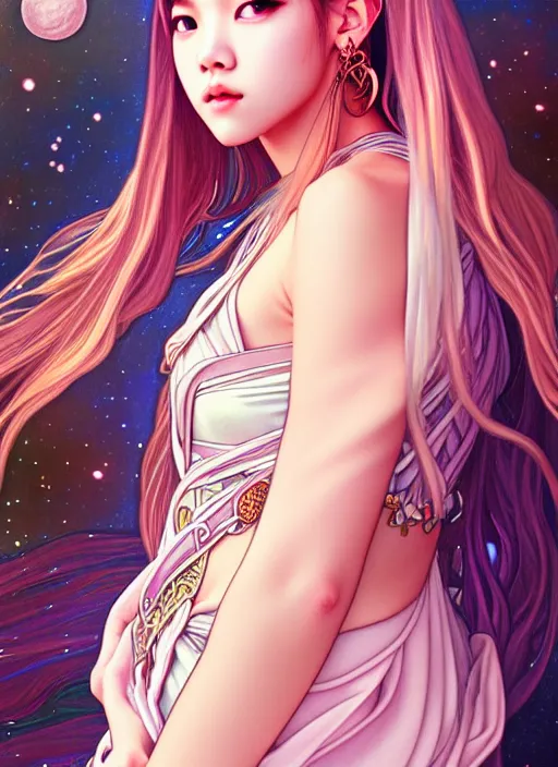 Image similar to lalisa manoban of blackpink, goddess of the moon, tarot card, highly detailed, digital painting, smooth, sharp focus, illustration, ultra realistic, 8 k, art by artgerm and alphonse mucha