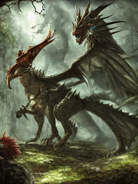 Image similar to final fantasy beast in the woods, dragon, highly detailed, digital art, sharp focus, trending on art station, warhammer fantasy,