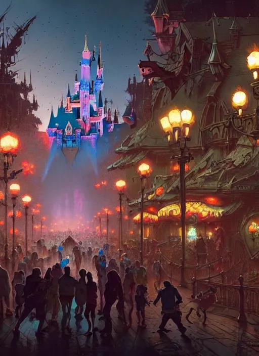 Image similar to masterpiece concept art, disneyland overun by zombies, by greg rutkowski and geof darrow, 8 k, intricate detail, cinematic lighting