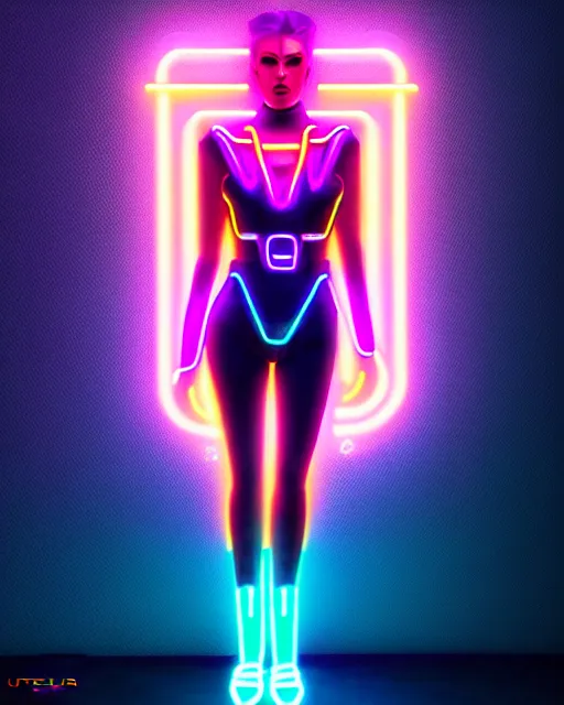 Image similar to ultra realistic cyber neon queen, neon lighting, retro futurism, futuristic illuminated jewellery, full body pose, thick fancy eyeliner, hyper photorealistic, crispy quality, digital photography, trending on artstation, cinematic, 4 k ultra hd, art by pascal blanche, art by greg rutkowski