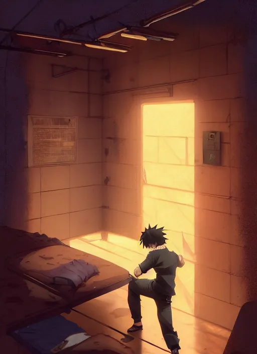 Image similar to highly detailed prison cell with naruto uzumaki with black hair, hitting a wall, art by greg rutkowski, loish, rhads, ferdinand knab, makoto shinkai and lois van baarle, ilya kuvshinov, rossdraws, tom bagshaw, global illumination, radiant light, detailed and intricate environment