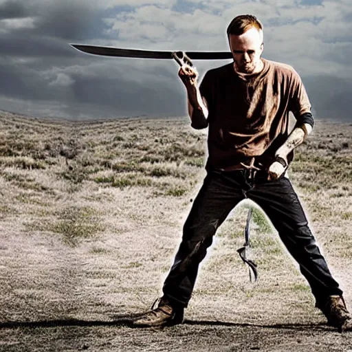 Image similar to Jesse Pinkman holding a sword, awesome photograph