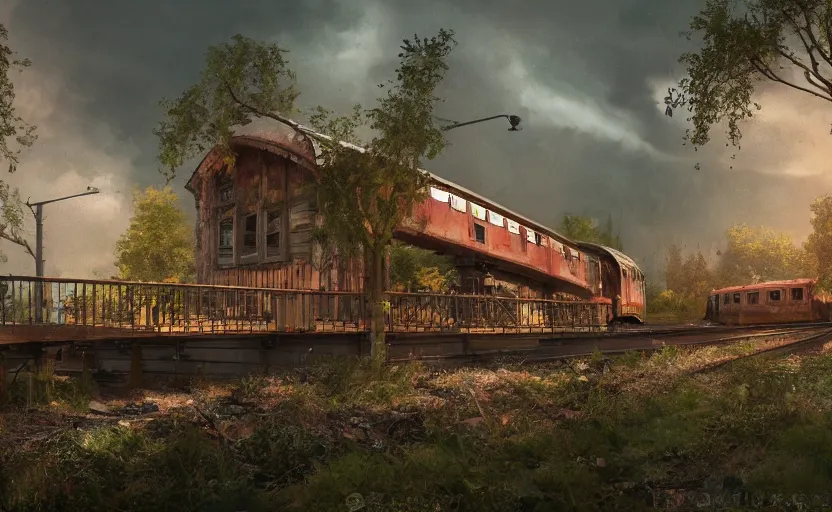 Prompt: An abandoned train station in the style of Disney, disney concept art, cinematic lighting, overgrown swedish urban landscape, 8k resolution, trending on artstation