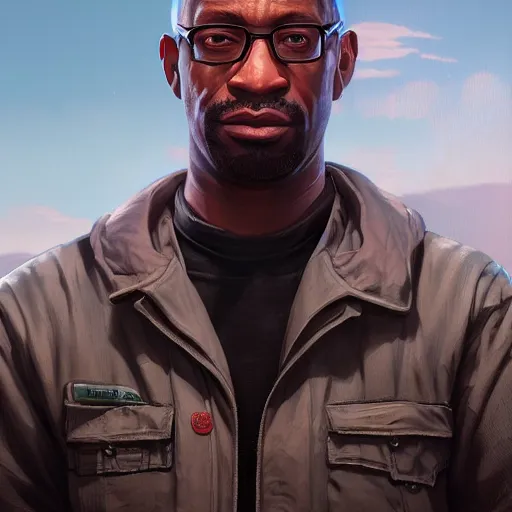 Image similar to highly detailed portrait, carl johnson cj, in gta v, stephen bliss, unreal engine, fantasy art by greg rutkowski, loish, rhads, ferdinand knab, makoto shinkai and lois van baarle, ilya kuvshinov, rossdraws, tom bagshaw, global illumination, radiant light, detailed and intricate environment