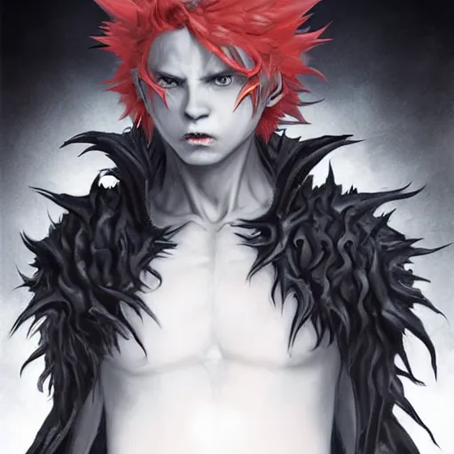 Prompt: demon boy, yound adult yokai boy with wild spiky hair, vantablack cloak, red eyes, ultra realistic, concept art, intricate details, eerie, highly detailed, photorealistic, octane render, 8 k, unreal engine. art by artgerm and greg rutkowski and charlie bowater and magali villeneuve and alphonse mucha