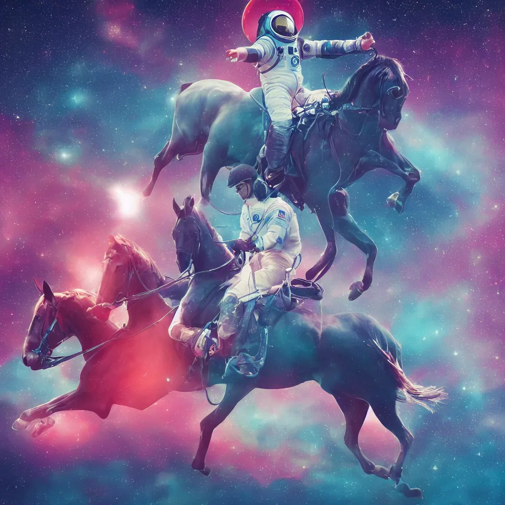Image similar to a horse riding on an astronaut. synthwave digital art