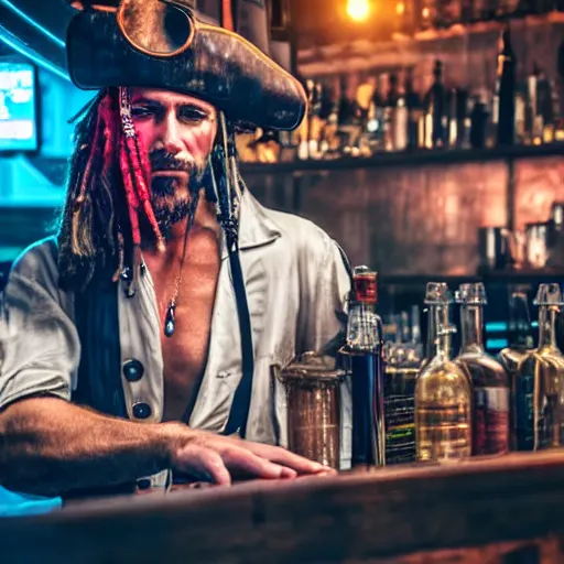 Image similar to high quality portrait of a pirate bartender in a cyberpunk cyberpunk cyberpunk cafe, realism, 8k, award winning photo