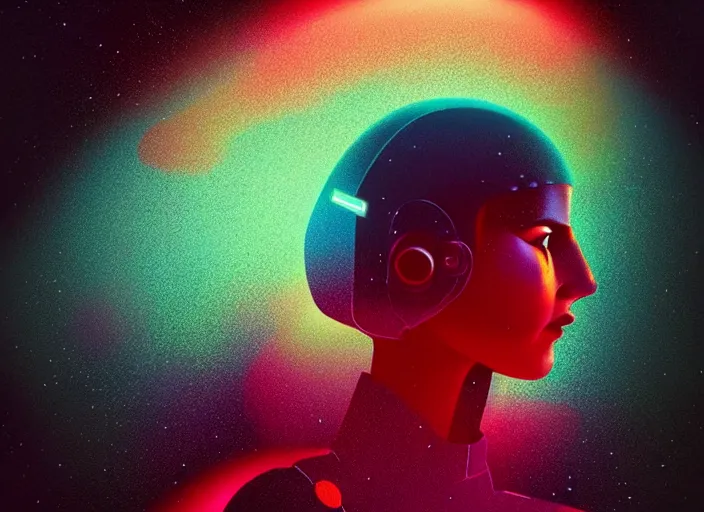 Image similar to portrait of a young astronaut girl, colorful, modern art deco, mads berg, karolis strautniekas, christopher balaskas, stippled light, fog, moody, fine texture, editorial illustration, dramatic lighting, dynamic composition, detailed, matte print, dynamic perspective, muted color