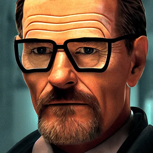 Image similar to Bryan Cranston as Gordon Freeman, film still from Half-Life movie, detailed, 4k