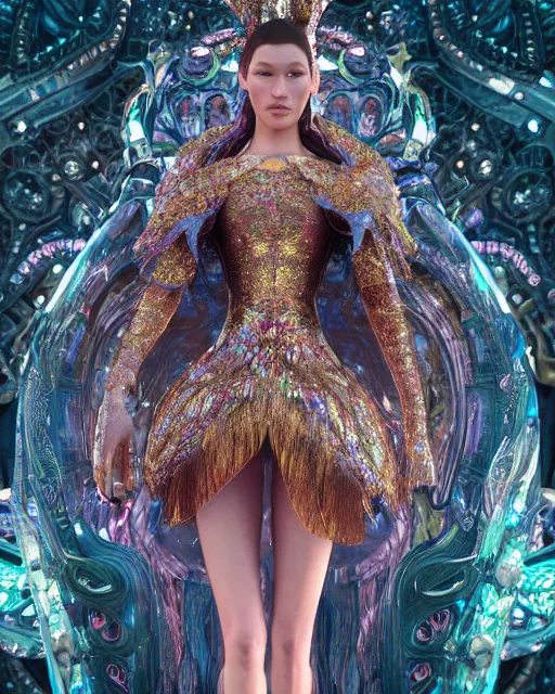 Image similar to a highly detailed metahuman 8 k close up render of bella hadid as alice in wonderland renaissance in iris van herpen dress schiaparelli in diamonds crystals swarovski and jewelry iridescent in style of alphonse mucha gustav klimt trending on artstation made in unreal engine 4