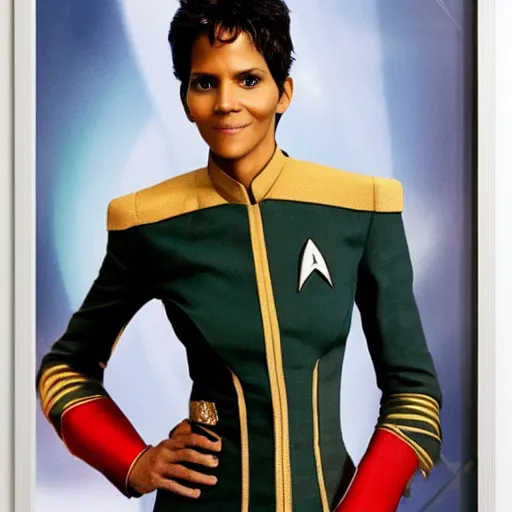 Image similar to a beautiful full body photograph of halle berry as a star fleet admiral from star trek next generation, full dress uniform, symmetrical face, extreme realism and detail, 8 k, completely framed, direct lighting, 3 5 mm photo, photorealistic, sharp focus