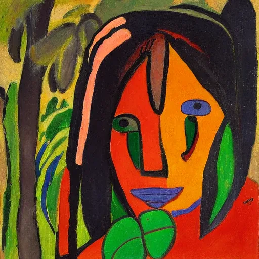 Image similar to painting of a tiger, and young native american woman, in a jungle, by alexej von jawlensky