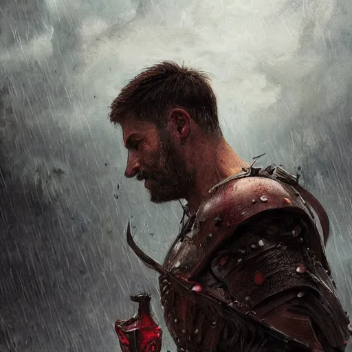 Prompt: portrait of a male warrior bruised and bleeding, raining, lightning strike in background, intricate, headshot, highly detailed, digital painting, artstation, concept art, sharp focus, cinematic lighting, illustration, art by artgerm and greg rutkowski, alphonse mucha, cgsociety