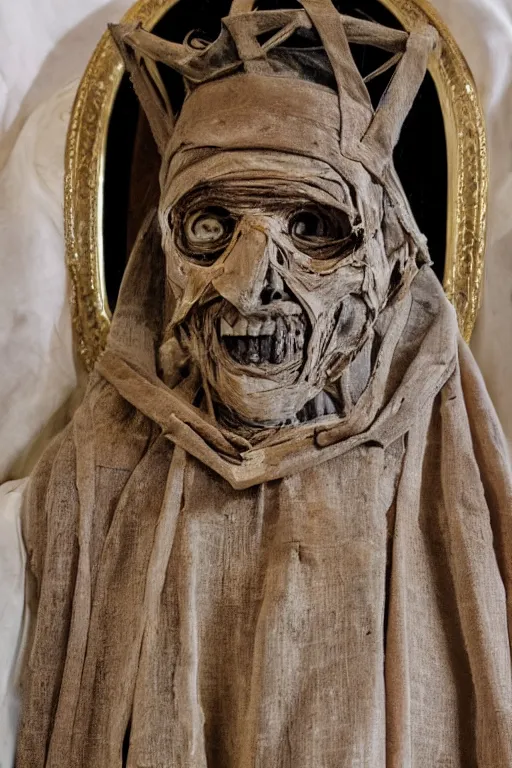 Image similar to mummified pope in his throne at the vatican, desiccated, close - up portrait, pontiff hat, mitre pretiosa, hyper realistic, sharp focus, highly detailed
